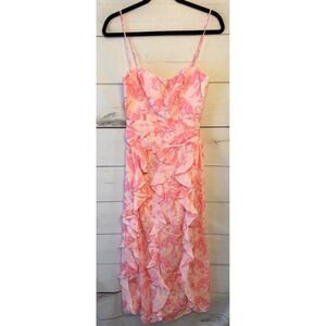 Selfie Leslie Pink Floral Ruffle Midi Dress Sweetheart Neckline Size S 64410B